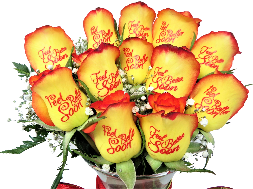 12 Red and Yellow Roses - Feel Better Soon with Red Ink