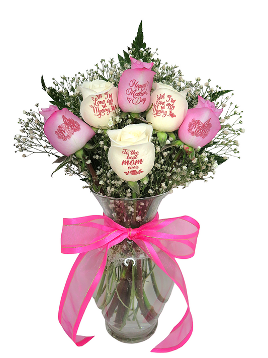 "Happy Mother's Day" 3 Pink, 3 White Roses w/ Pink Bow and Vase