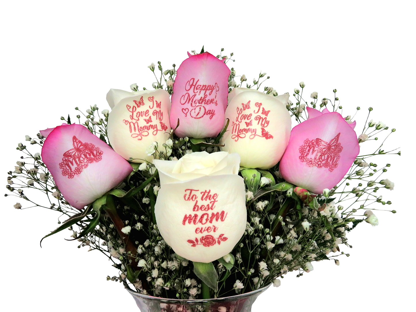 "Happy Mother's Day" 3 Pink, 3 White Roses w/ Pink Bow and Vase