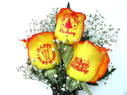 3 Rose Happy Birthday Yellow Roses with Red Tips