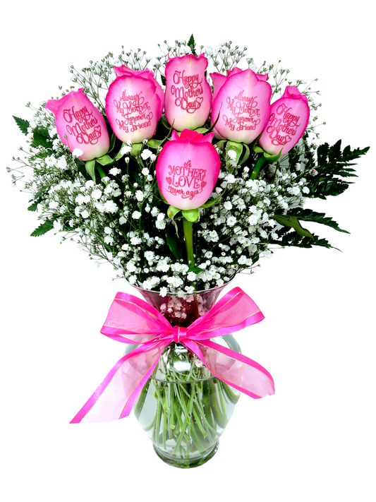 "Happy Mother's Day" 6 Pink Roses with Pink Bow