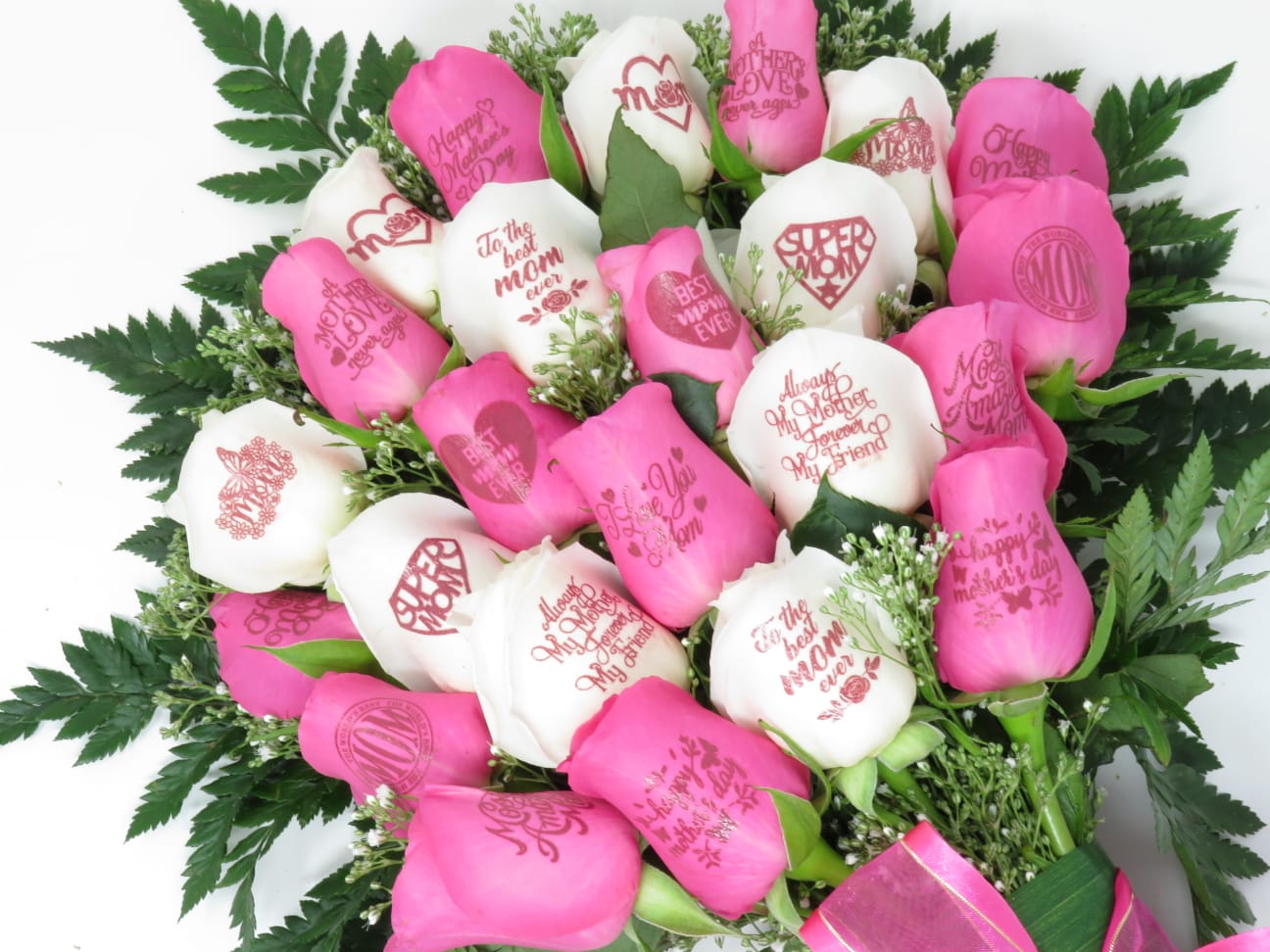 24 Roses Bouquet For Mother's Day With Love Messages Printed On Each (Pink And White Roses)