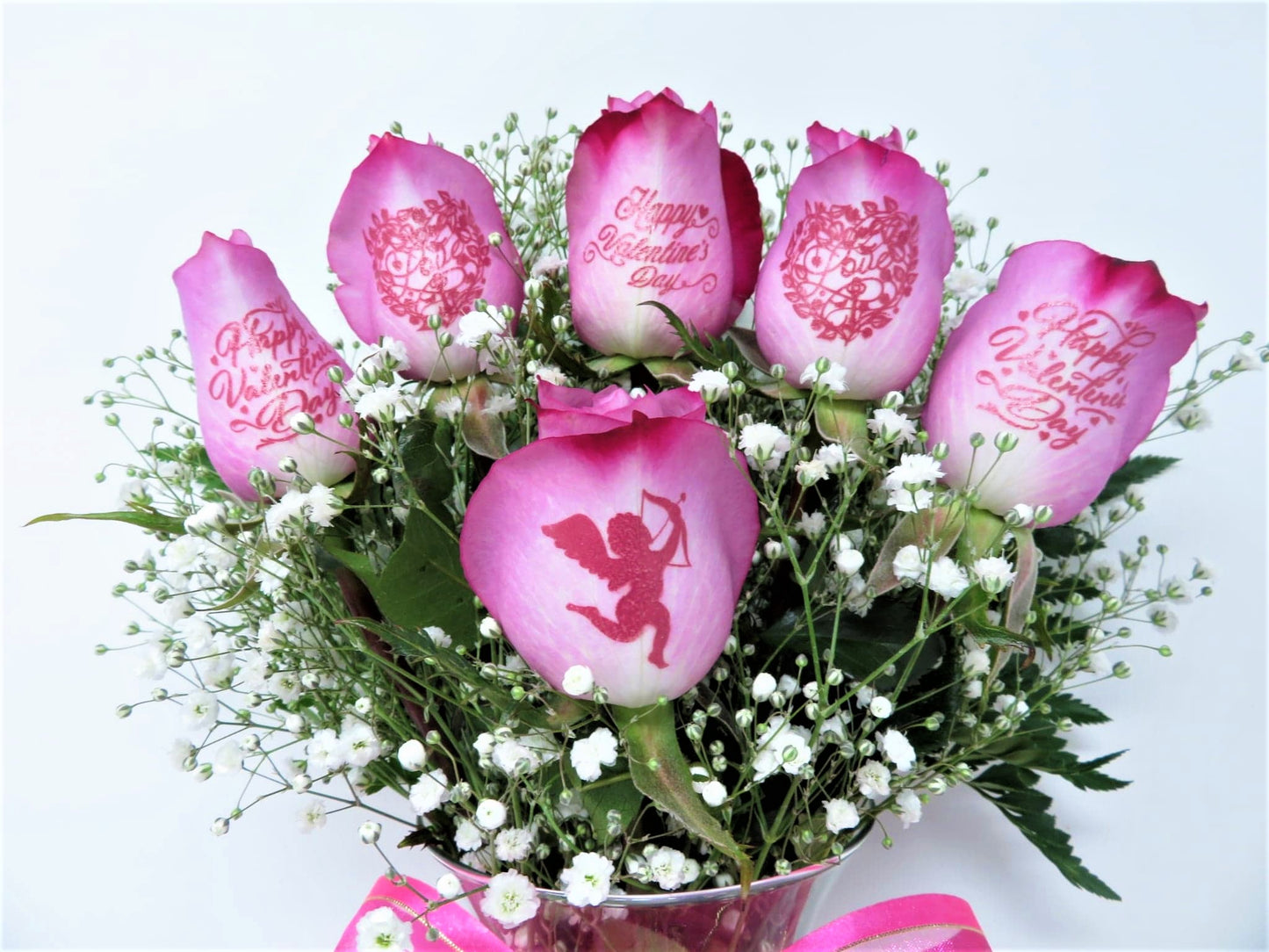 Happy Valentine's Day - 6 Purple Roses with Pink Ink