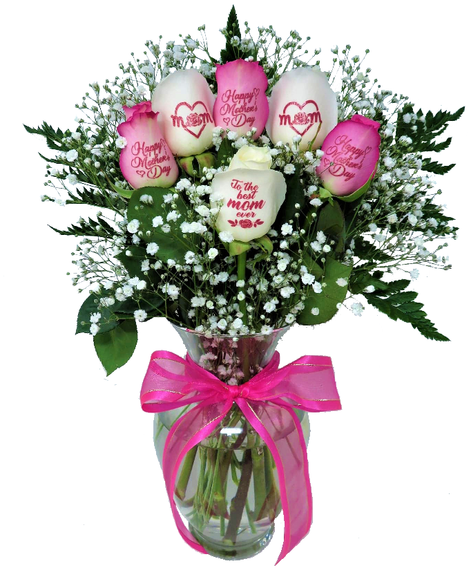 6 Pink and White Roses - Happy Mother's Day Bouquet