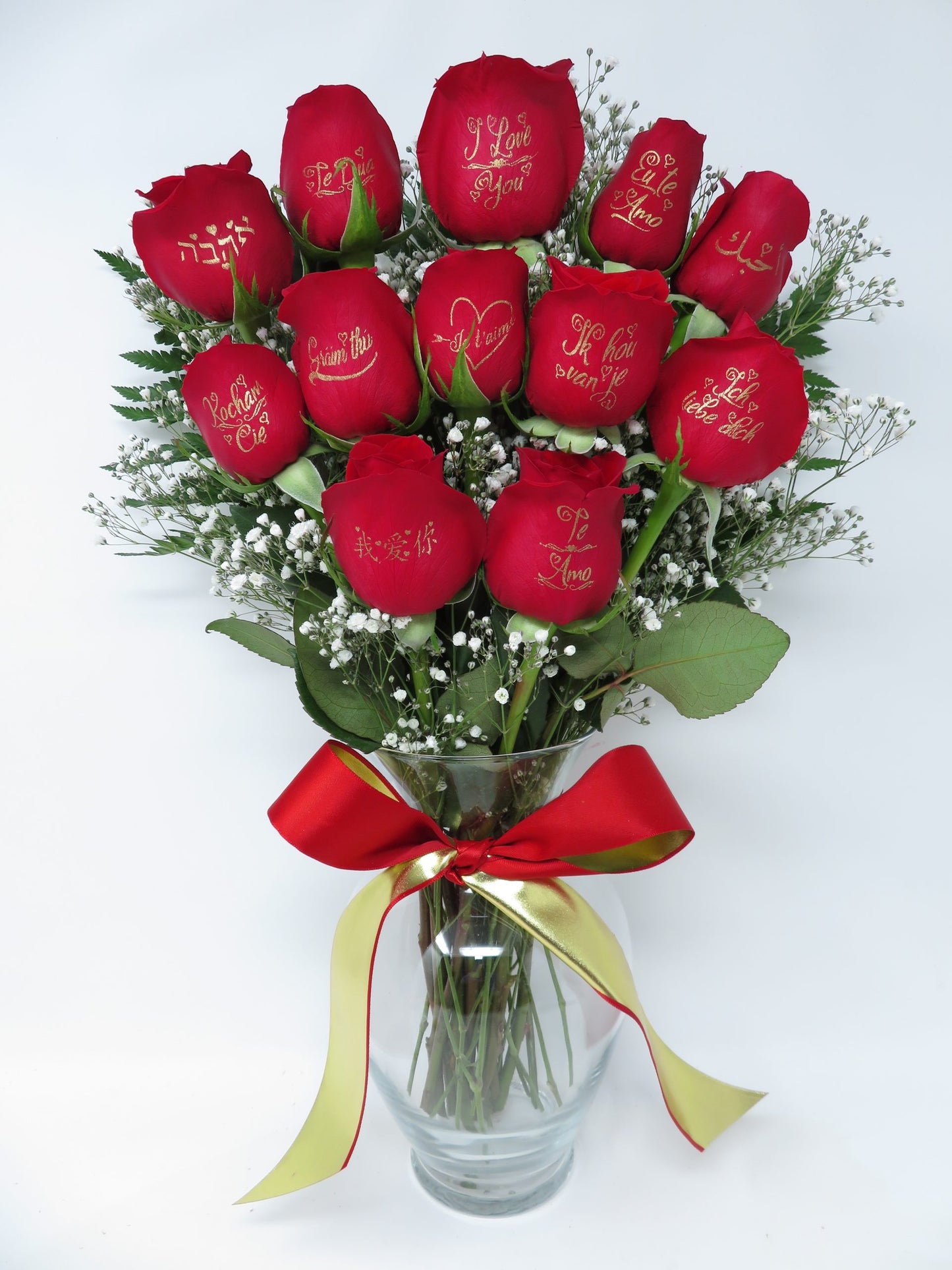 12 Red Roses With "I Love You In 12 Languages" Printed On Each