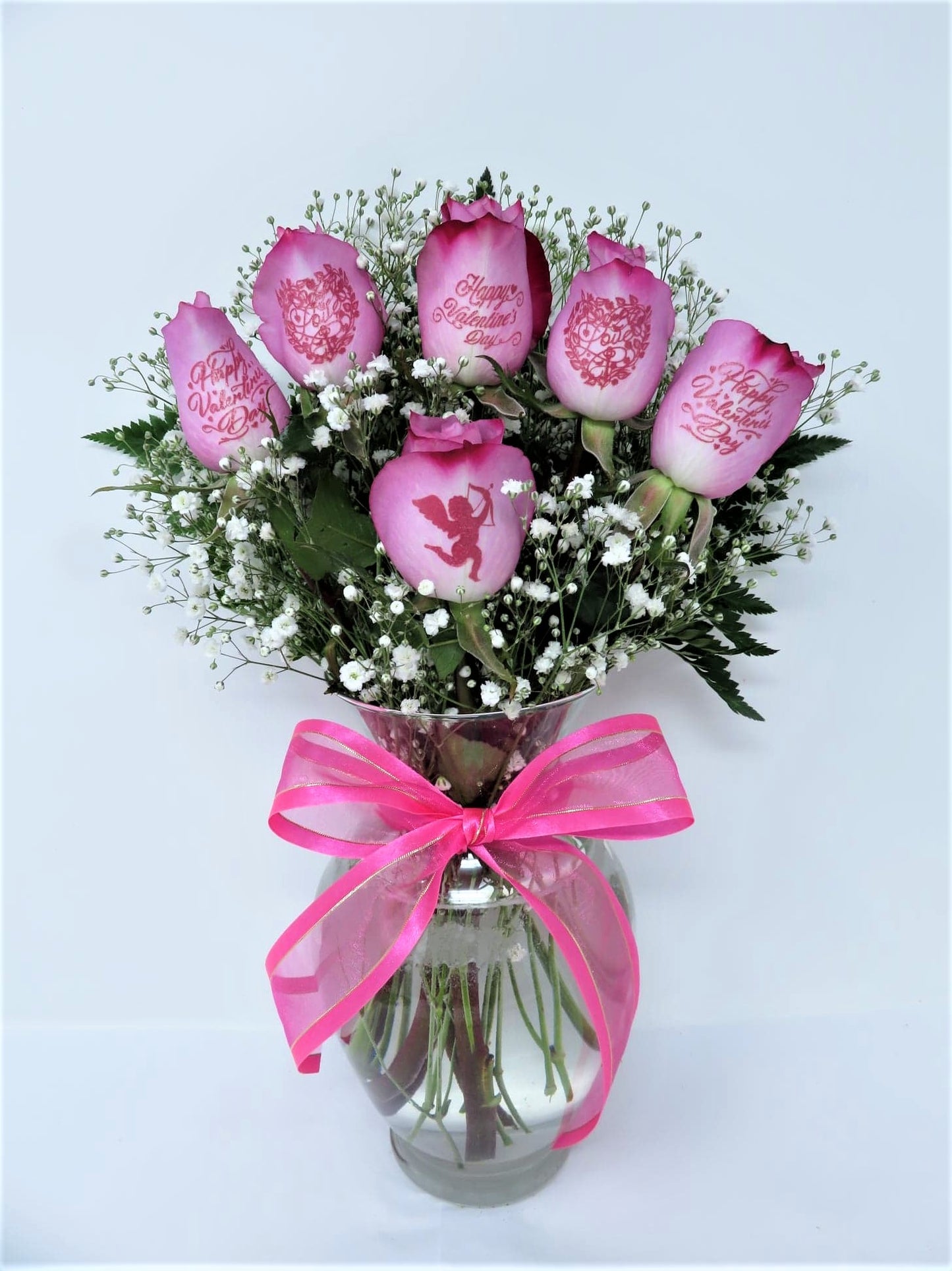 Happy Valentine's Day - 6 Purple Roses with Pink Ink