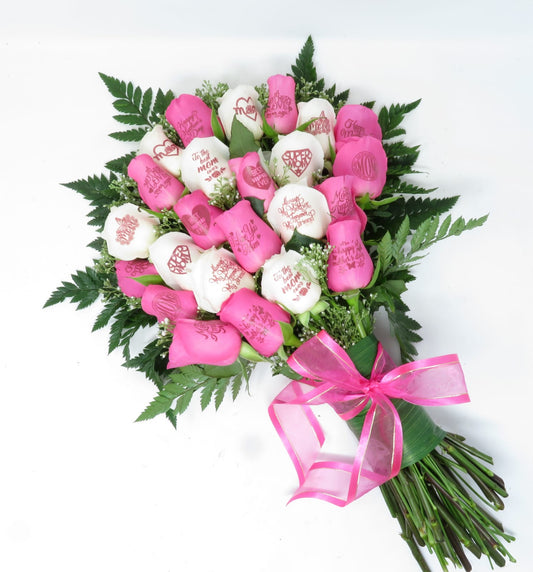 24 Roses Bouquet For Mother's Day With Love Messages Printed On Each (Pink And White Roses)
