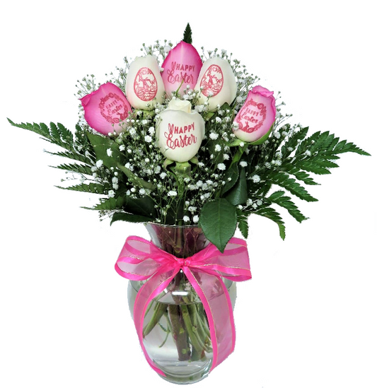 6 Easter Roses - 3 Pink Roses and 3 White Roses with Pink Ink