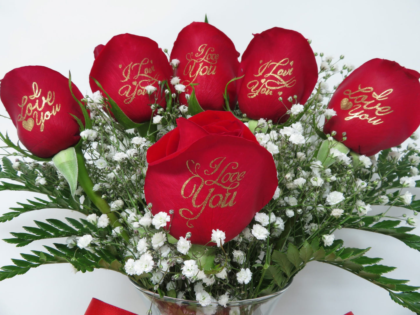 6 Red Roses, "I Love You" in Gold Lettering