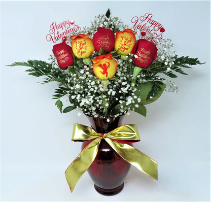 Happy Valentine's Day- 6 Red & Yellow Roses with Red Ink