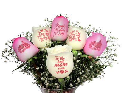 "Happy Mother's Day" 3 Pink, 3 White Roses w/ Pink Bow and Vase