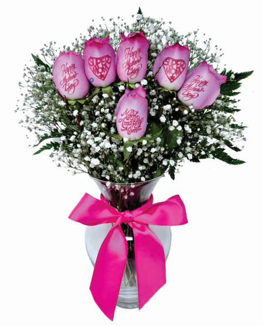 6 Pink Roses - Mother's Day Bouquet with Pink Ink