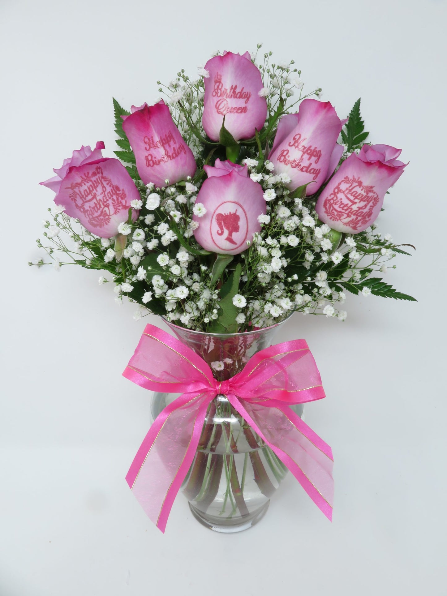 6 Pink Roses with Happy Birthday for a Queen!