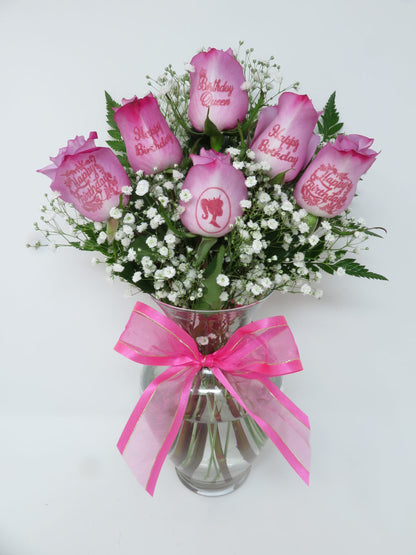 6 Pink Roses with Happy Birthday for a Queen!