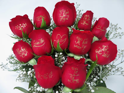 12 Red Roses With "I Love You In 12 Languages" Printed On Each