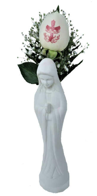 Single Easter White Rose with Cross Engraved - "He Is Risen" in Pink Ink with Madonna Vase