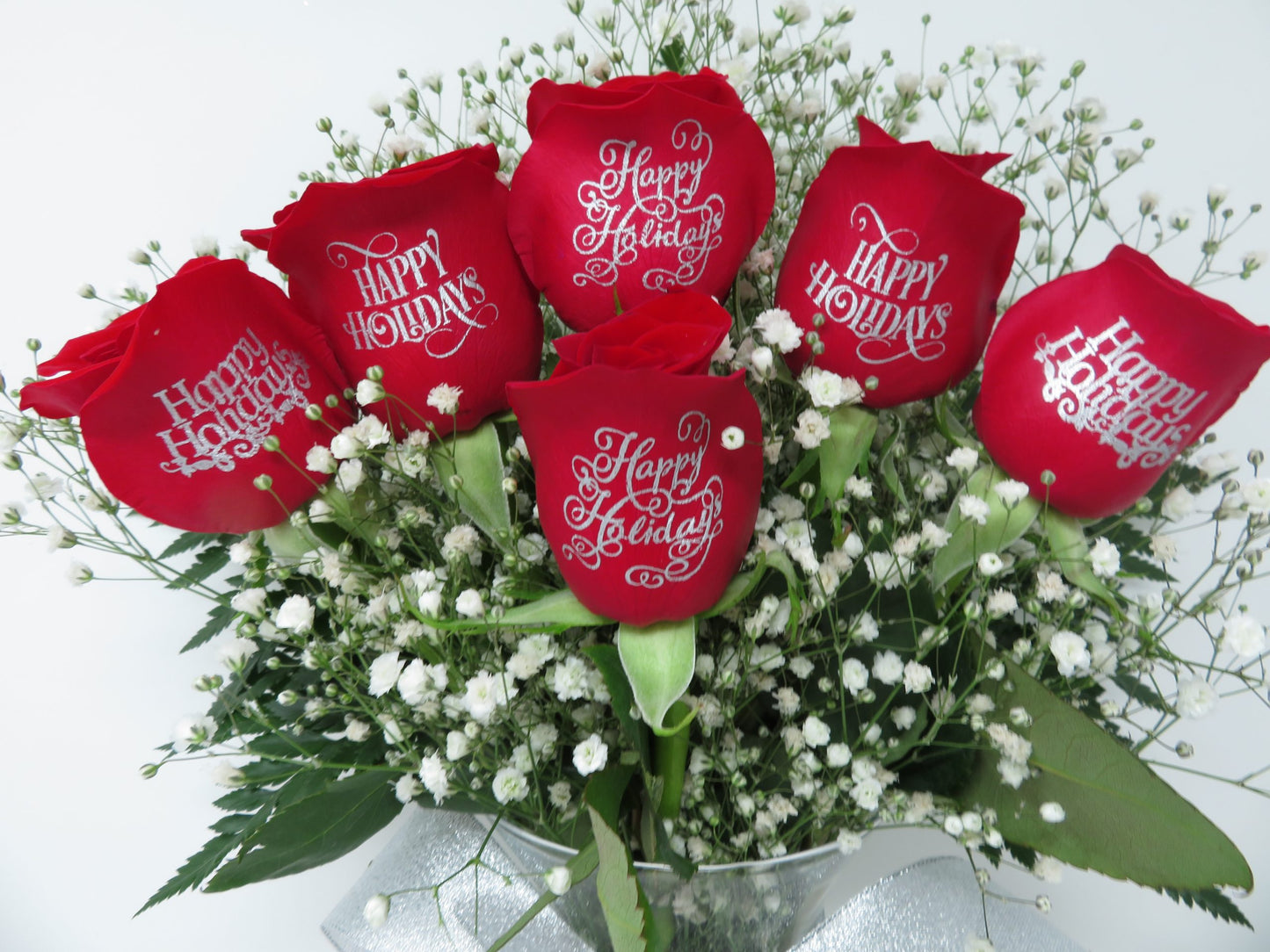 Happy Holidays - 6 Red Roses Engraved with Silver Ink