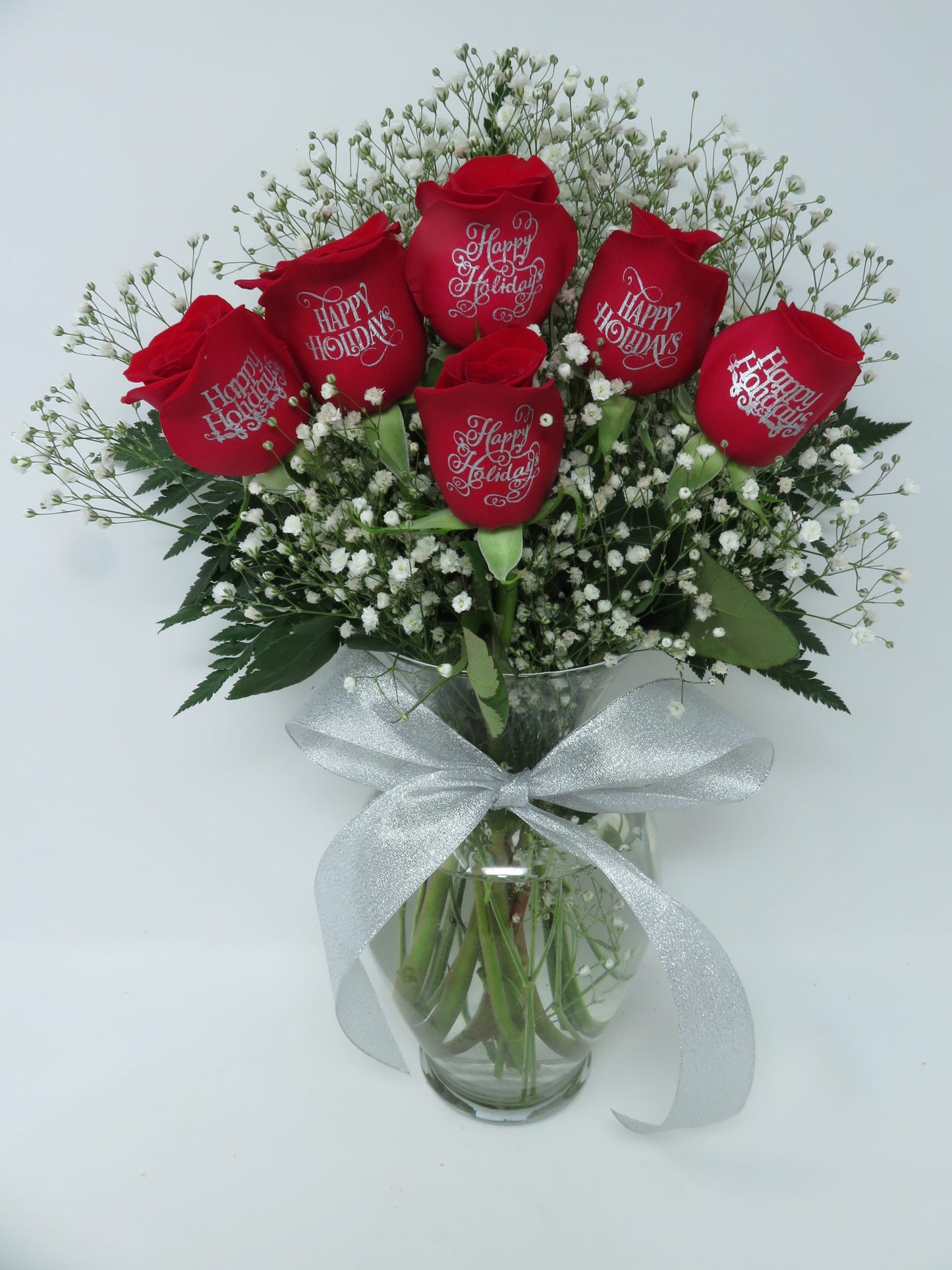 Happy Holidays - 6 Red Roses Engraved with Silver Ink