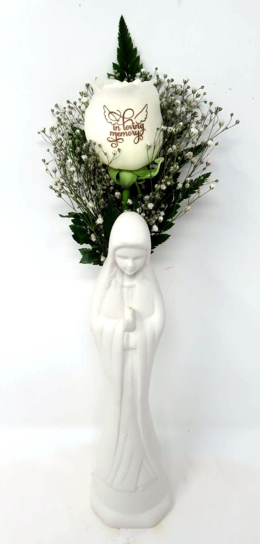 Single White Rose "In Loving Memory" with Madonna Vase