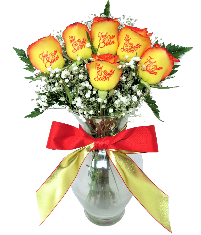 6 Red and Yellow Roses- Feel Better Soon with Red Ink