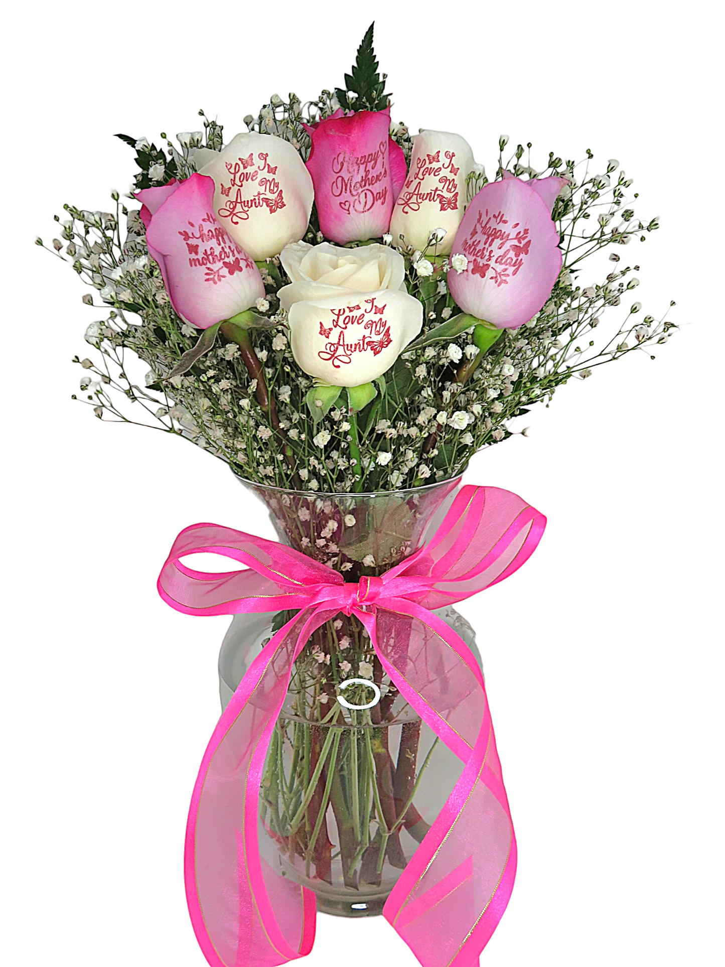 "Happy Mother's Day" "I Love My Aunt" 3 Pink, 3 White Rose Bouquet