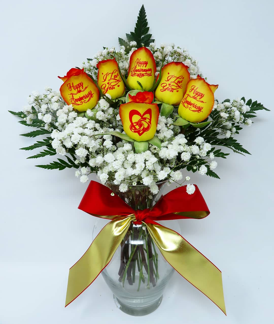 Happy Anniversary - 6 Rose Bouquet on Yellow Roses with Red Tips