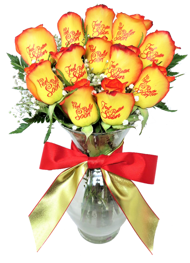 12 Red and Yellow Roses - Feel Better Soon with Red Ink