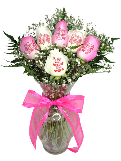 "Happy Mother's Day" 3 Pink, 3 White Roses w/ Pink Bow and Vase