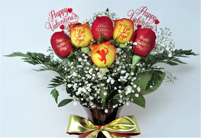 Happy Valentine's Day- 6 Red & Yellow Roses with Red Ink