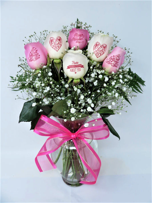 Happy Valentine's Day - 3 Pink & 3 White Roses with Pink Ink